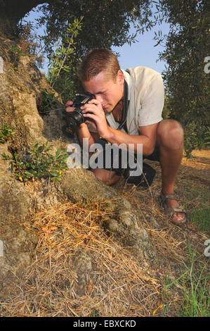 Fotograf mit Kamera in einem Olivenhain, wobei eine Nahaufnahme, Griechenland, Peloponnes Stockfoto