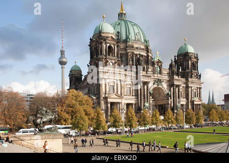 Berliner Dom, Berliner Dom, oberste evangelische Pfarrkirche und Stiftskirche mit dem Fernsehturm TV Turm im Hintergrund Stockfoto