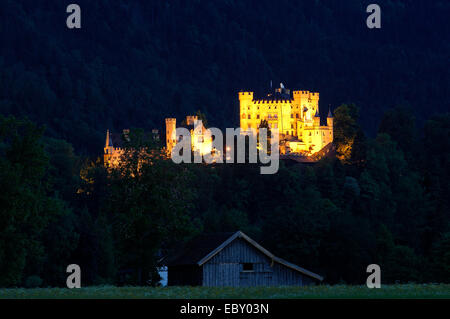 Schloss Hohenschwangau Schloss in der Nacht, Füssen, Allgäu, romantische Straße, Romantische Strasse, Bayern Stockfoto