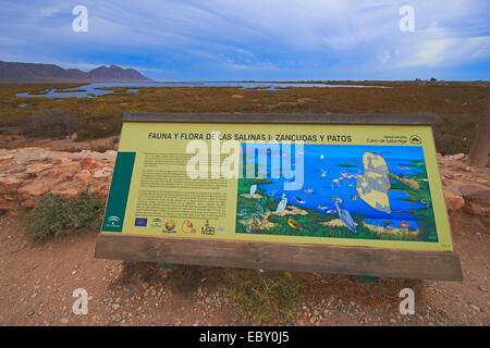 Info zu signieren, Almadraba de Monteleva, Saline, Cabo de Gata-Nijar Natural Park, Biosphärenreservat, Provinz Almeria, Andalusien Stockfoto