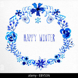 Happy Winter Girlande mit Blüten und Schneeflocken Aquarell blauen Elementen. Ideal für Grußkarte, print Poster oder Schild. Stockfoto