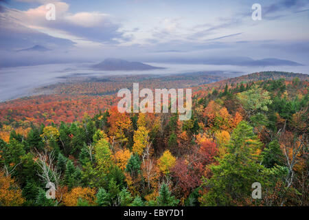 Morgennebel steigt über Süd-Wiese, gesehen vom Mt. VanHoevenberg, Adirondack hohe Spitzen, Essex Co., NY Stockfoto