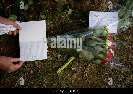 (141205)--JOHANNESBURG, 5. Dezember 2014 (Xinhua)--A Frau liest eine Karte vor Nelson Mandelas Residenz, Johannesburg, Südafrika, am 5. Dezember 2014 gelegt. Menschen gingen bis in die späten Südafrikas Präsident Nelson Mandela Residenz in Houghton wo er verstarb am 5. Dezember 2013, in Johannesburg, Südafrika am Freitag ihr Beileid ausdrücken und zum 1. Jahrestag von Nelson Mandela Tod zu gedenken. (Xinhua/Zhai Jianlan) Stockfoto