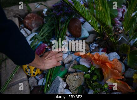 (141205)--JOHANNESBURG, 5. Dezember 2014 (Xinhua)--A Frau legt einen Blumenstrauß vor Nelson Mandelas Residenz, Johannesburg, Südafrika, am 5. Dezember 2014. Menschen gingen bis in die späten Südafrikas Präsident Nelson Mandela Residenz in Houghton wo er verstarb am 5. Dezember 2013, in Johannesburg, Südafrika am Freitag ihr Beileid ausdrücken und zum 1. Jahrestag von Nelson Mandela Tod zu gedenken. (Xinhua/Zhai Jianlan) Stockfoto