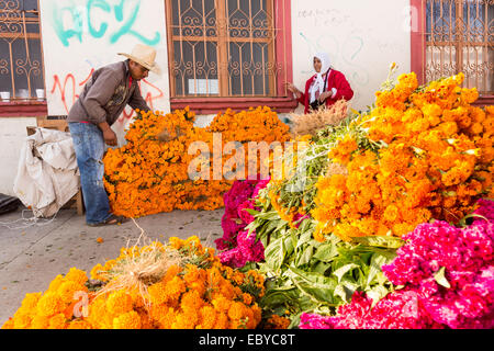 Anbieter bereiten massive haufenweise Blumen verwenden, um Gräber zu schmücken, für den Tag der Toten Festival in Spanisch als D'a de Muertos am Benito Juarez Markt in Oaxaca, Mexiko bekannt. Stockfoto