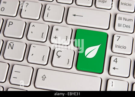 Spanische Tastatur mit Eco freundliche Konzept Leaf Icon über Schaltfläche "grünen Hintergrund". Bild mit Beschneidungspfad für einfachen Wechsel der Stockfoto