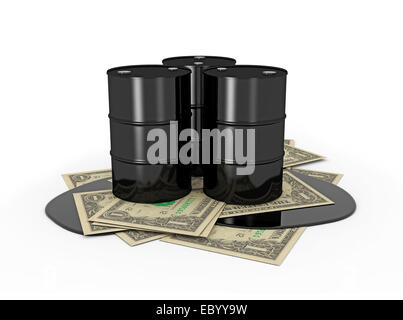 Barrel Erdöl auf Dollarnoten auf weißem Hintergrund Stockfoto