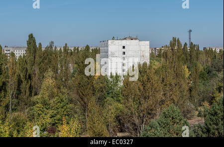 Blick vom Dach des Kulturpalastes Energetik in Pripjat verlassene Stadt, Sperrzone von Tschernobyl, Ukraine Stockfoto