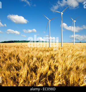 Generatoren für Windkraftanlagen im Weizenfeld Stockfoto