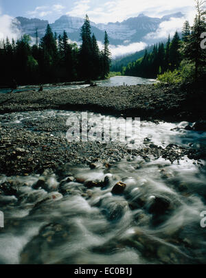 Am frühen Morgen Licht auf McDonald Creek und Nebel teilweise verhüllenden Berge im Hintergrund.  Glacier National Park, Montana Stockfoto