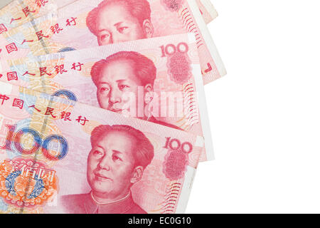 China 100 Yuan Banknoten isoliert auf weiss Stockfoto