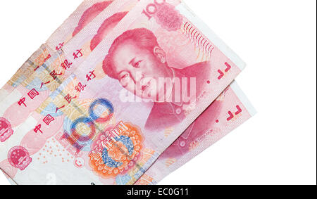 China 100 Yuan Renminbi Banknoten isoliert auf weiss Stockfoto