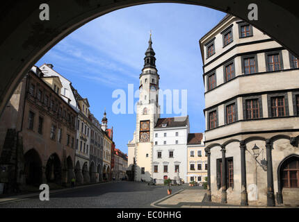 Untermarkt Platz mit Rathaus Clocktower, Görlitz, Sachsen, Deutschland, Europa Stockfoto