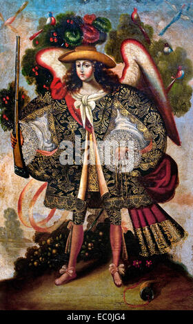 Copias Escuela Cuzqueña - kopiert Cuzco Schule - Cuzco Schule 18. Jahrhundert Spanien Spanisch (eine Ángel Arcabucero (arquebusier Angel) ist ein Engel mit einer Arkebuse dargestellt (eine frühe Schnauze geladen Waffe) anstelle der traditionellen Kampfkunst Engel Schwert gekleidet in der Kleidung von jenem der spanischen Aristokraten. Der Stil entstand im Vizekönigreich Peru in der zweiten Hälfte des 17. Jahrhunderts und herrschte vor allem in der Schule von Cuzco. ) Stockfoto
