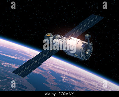 Raumstation ISS im Raum. Realistische 3D Szene. Stockfoto