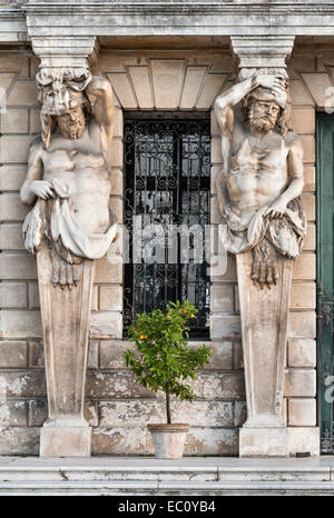 Zwei Steinatlanten und ein Orangenbaum stehen neben dem Eingang zur Villa Pisani aus dem 18. Jahrhundert, Stra, Veneto, Italien Stockfoto