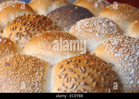 Rustikale, frisch gebackenen bestreute Brötchen zum Verkauf, UK Stockfoto