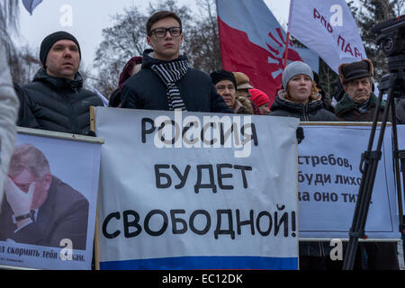 Jaroslawl, Russland. 7. Dezember 2014. Junge Demonstrant mit einem Schild, das liest "Russland werden free'People in Jaroslawl, Russland fordern Bürgermeisterwahlen. Es wird befürchtet, dass neue Bürgermeister eher ernannt werden. Bildnachweis: Elkhan Mamedov/Alamy Live-Nachrichten Stockfoto