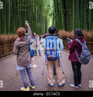 Touristen genießen den Reiz der Bambushain in Arashiyama, Kyoto, Japan. Stockfoto