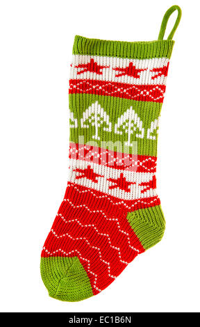 Weihnachts-Strumpf. Gestrickte Socken für Weihnachtsmann Geschenke isoliert auf weißem Hintergrund. Winter Urlaub symbol Stockfoto