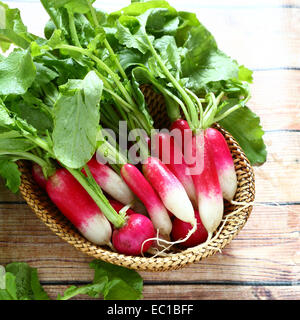 Radieschen in einem Korb, vegetarisches Essen Stockfoto