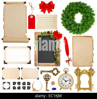 Weihnachts-Dekorationen, Schmuck und Geschenke. alten Buchseiten, Papier, Scroll, Kranz, Tafel, Ecke und Foto Rahmen isoliert o Stockfoto