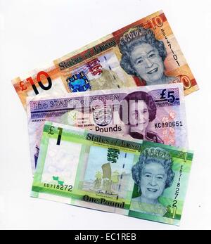 Zustände von Jersey Währung - Geld - ein-Pfund-Note - fünf-Pfund-Note - zehn-Pfund-Note Queen Elizabeth 2 Stockfoto