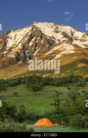 Zelt und Monte Almirante Nieto im Morgenlicht, Torres del Paine Nationalpark, Magallanes y la Antártica Chilena Region Stockfoto