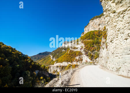 Straße durch eine Schlucht am Fluss Argun, Berge von Tschetschenien, Kaukasus, Russland Stockfoto