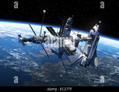 Space Shuttle und Raumstation im Weltall. 3D Szene. Stockfoto