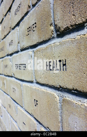 Eine Mauer aus Ziegeln mit dem Wort "Gesundheit" sichtbar. Stockfoto