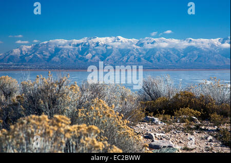 Syrakus, Utah - der Wasatch Mountains von Antelope Island, eine Insel-Staatspark in Great Salt Lake. Stockfoto