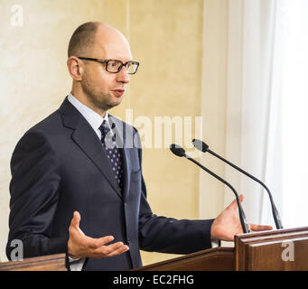 8. Dezember 2014 - traf Premierminister Yatsenyuk--In Montag, 8. Dezember 2014, Premierminister Yatsenyuk mit Vize-Premierminister und Minister für auswärtige Angelegenheiten des Königreichs Belgien Didier Reynders. Belgische Außenminister versichert den Kopf der ukrainischen Regierung ein hohes Maß an Vertrauen in das neue Kabinett und das Verkhovna Rada. © Igor Golovniov/ZUMA Draht/Alamy Live-Nachrichten Stockfoto