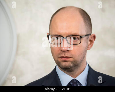 Kiew, Ukraine. 8. Dezember 2014. Premierminister Yatsenyuk--Im Montag, 8. Dezember 2014 traf Premierminister Yatsenyuk mit Vize-Premierminister und Minister für auswärtige Angelegenheiten des Königreichs Belgien Didier Reynders. Belgische Außenminister versichert den Kopf der ukrainischen Regierung ein hohes Maß an Vertrauen in das neue Kabinett und das Verkhovna Rada. Bildnachweis: Igor Golovnov/Alamy Live-Nachrichten Stockfoto