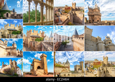 Sammlung von verschiedenen Fotos von der Burg von Olite in Navarra Stockfoto