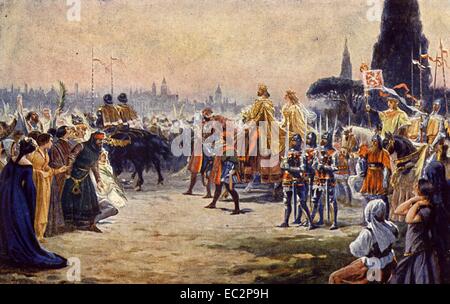 Karl IV. Roman Emperor und seine Frau Anna Svidnicka eingeben in 1355 in Rom Stockfoto