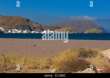 Cabo de Gata, Los Escullos, Playa del Arco, Strand El Arco, Isleta del Moro, Cabo de Gata-Nijar Natural Park, Almeria, Andalusien Stockfoto