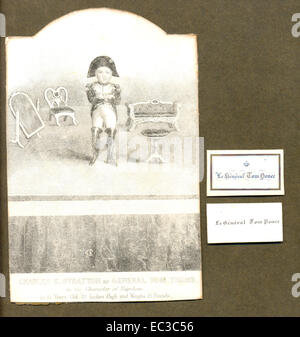 Souvenir-Karte der Charles S Stratton in seinem Charakter von Napoleon mit zwei seiner persönlichen Visitenkarten. Stockfoto