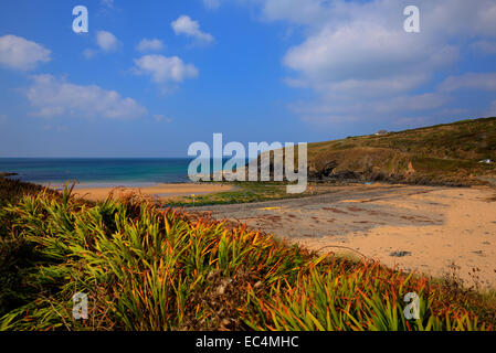 Blaues Meer und Himmel Poldhu Strand Süd Cornwall England UK auf der Lizard Halbinsel zwischen Pfosten und Porthleven Stockfoto