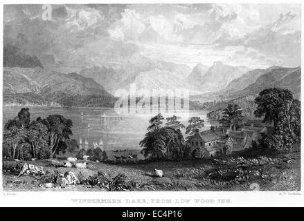 Ein Kupferstich mit dem Titel „Windermere Lake from Low Wood Inn“, der in hoher Auflösung aus einem 1834 erschienenen Buch gescannt wurde. Urheberrechtlich geschützt. Stockfoto