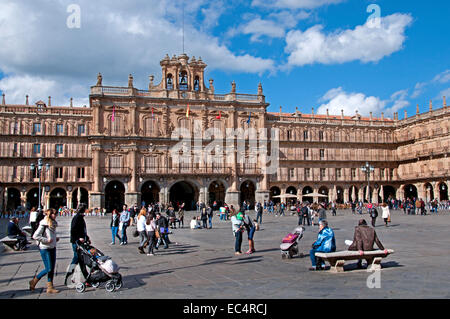 Die Plaza Mayor von Salamanca mit dem Rathaus (Kastilien-Leon)-Spanien-Spanisch Stockfoto