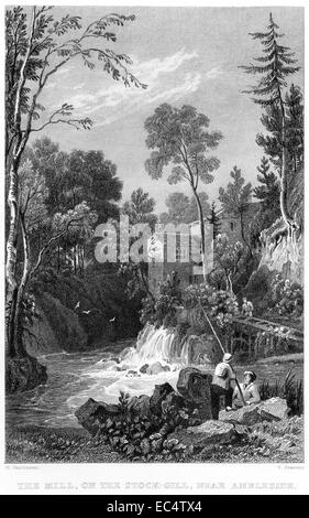 Eine Gravur mit dem Titel "The Mill auf Lager-Gill, in der Nähe von Ambleside" mit hoher Auflösung aus einem Buch gescannt veröffentlicht im Jahre 1834. Stockfoto