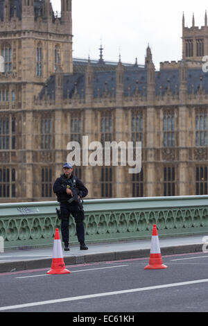 Bewaffneten Offizier der Metropolitan Police in London steht Wache auf Westminster Bridge, außerhalb des Parlaments Stockfoto