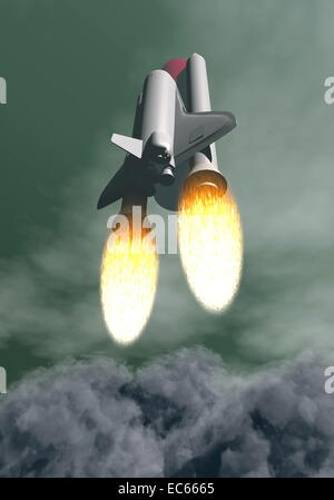 Space Shuttle ausziehen unter grau Rauch und Wolken Stockfoto