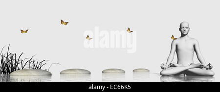 Grass Schritte ins Wasser in der Nähe von Steinen und Schmetterling zu menschlichen meditierend in weißem Hintergrund Stockfoto