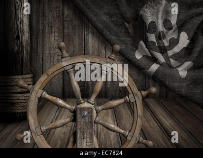 Piraten-Schiff-Lenkrad mit alten Jolly Roger Flagge Stockfoto