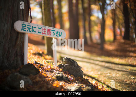 Woodland-Zeichen im japanischen, "dagegen Ihren Halt', Kawaguchiko, Japan. Stockfoto