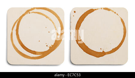 Zwei Bierdeckel mit Kaffeeflecken, Isolated on White Background. Stockfoto