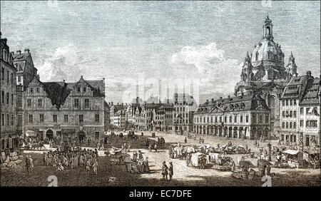Frauenkirche, Frauenkirche und Neumarkt Quadrat, historische Stadtbild von Dresden, 18. Jahrhundert, Sachsen, Deutschland, Europa, Fr Stockfoto