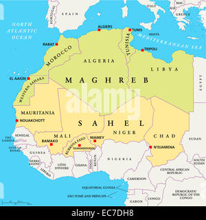 Maghreb und Sahel politische Karte mit Hauptstädten und nationale Grenzen hinweg. Englische Beschriftung und Skalierung. Stockfoto